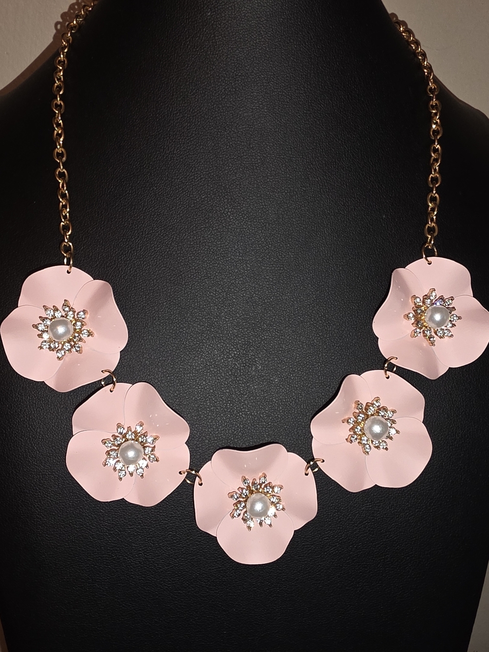 Pink Floral Statement Necklace Faux Pearls And Crystals